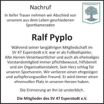 Traueranzeige von Ralf Pyplo von WVG - Wochenspiegel Merseburg