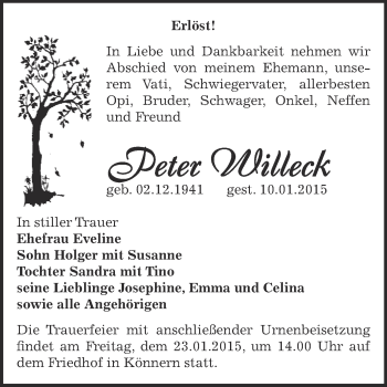 Traueranzeige von Peter Willeck von Super Sonntag Bernburg