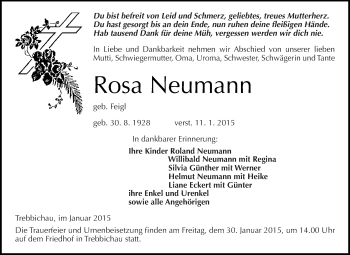 Traueranzeige von Rosa Neumann von WVG - Wochenspiegel Dessau / Köthen