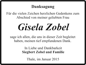 Traueranzeige von Gisela Zobel von Mitteldeutsche Zeitung Quedlinburg