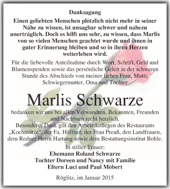 Traueranzeige von Marlis Schwarze von Super Sonntag Merseburg