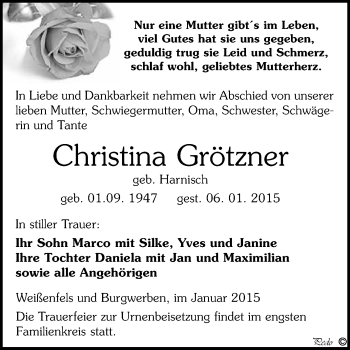 Traueranzeige von Christina Grötzner von WVG - Wochenspiegel NMB / WSF / ZTZ