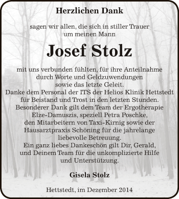 Traueranzeige von Josef Stolz von Wochenspiegel Mansfelder Land