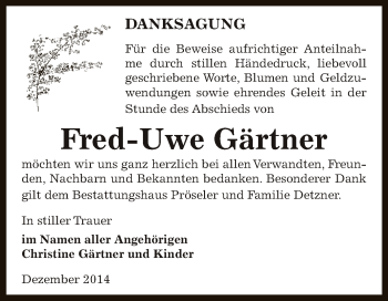 Traueranzeige von Fred-Uwe Gärtner von Super Sonntag Bernburg