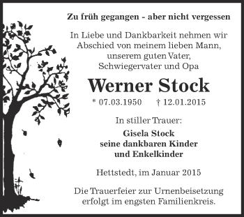 Traueranzeige von Werner Stock von Super Sonntag SGH Mansf. Land