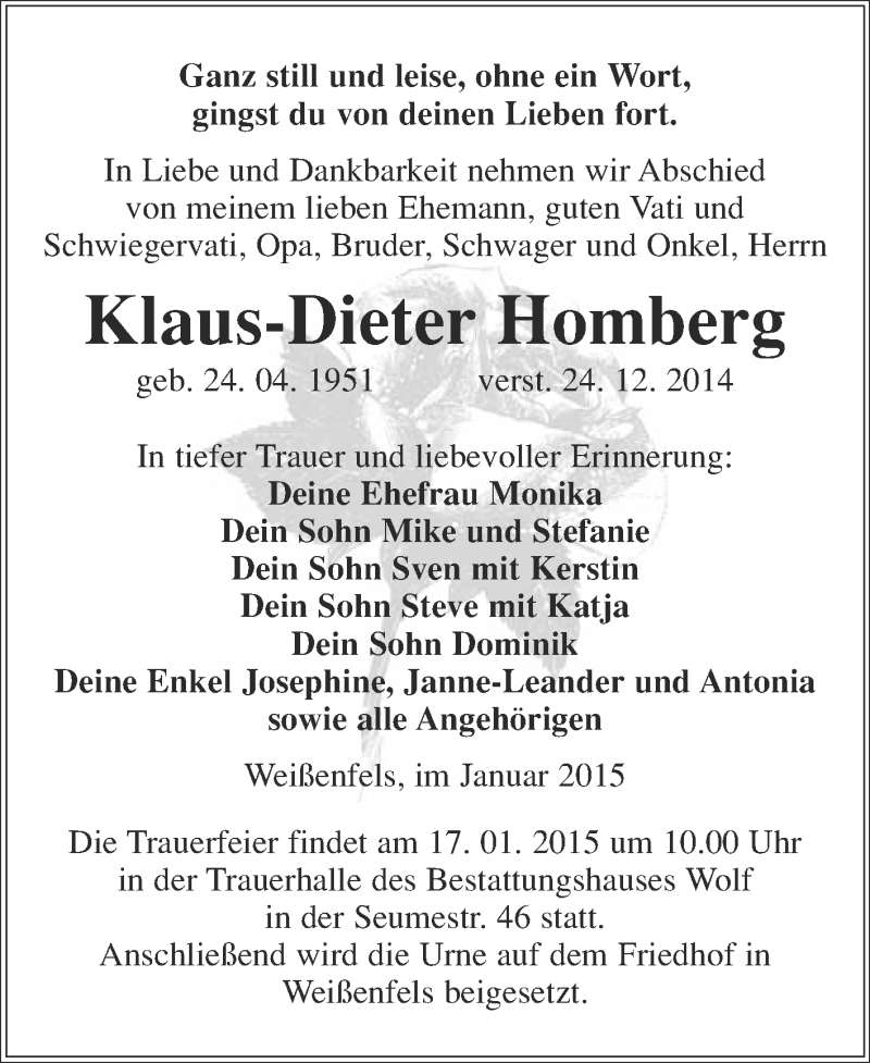  Traueranzeige für Klaus-Dieter Homberg vom 07.01.2015 aus WVG - Wochenspiegel NMB / WSF / ZTZ