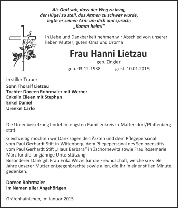Traueranzeige von Hanni Lietzau von WVG - Wochenspiegel Wittenberg