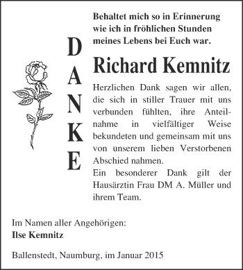 Traueranzeige von Richard Kemnitz von WVG - Wochenspiegel NMB / WSF / ZTZ