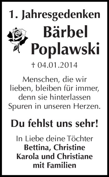Traueranzeige von Bärbel Poplawski von WVG - Wochenspiegel Dessau / Köthen