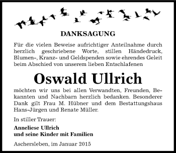 Traueranzeige von Oswald Ullrich von Mitteldeutsche Zeitung Aschersleben