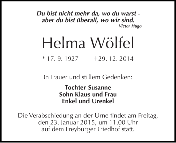 Traueranzeige von Helma Wölfel von Mitteldeutsche Zeitung Naumburg/Nebra