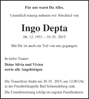 Traueranzeige von Ingo Depta von WVG - Wochenspiegel Wittenberg