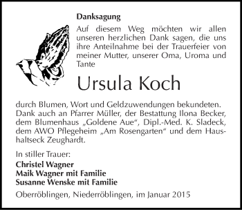 Traueranzeige von Ursula Koch von Mitteldeutsche Zeitung Sangerhausen