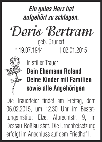Traueranzeige von Doris Bertram von WVG - Wochenspiegel Dessau / Köthen