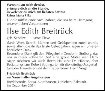 Traueranzeige von Ilse Breitrück von Mitteldeutsche Zeitung Sangerhausen