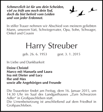 Traueranzeige von Harry Streuber von Mitteldeutsche Zeitung Köthen