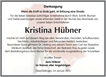 Traueranzeige von Kristina Hübner von Super Sonntag SGH Mansf. Land