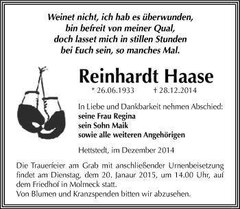Traueranzeige von Reinhardt Haase von Mitteldeutsche Zeitung Mansfelder Land
