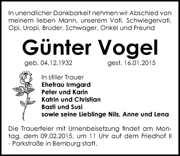 Traueranzeige von Günter Vogel von Mitteldeutsche Zeitung Bernburg