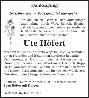 Traueranzeige von Ute Höfert von Super Sonntag SGH Mansf. Land