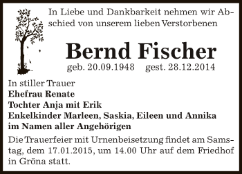 Traueranzeige von Bernd Fischer von Super Sonntag Bernburg