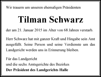 Traueranzeige von Tilman Schwarz von Mitteldeutsche Zeitung Halle/Saalkreis