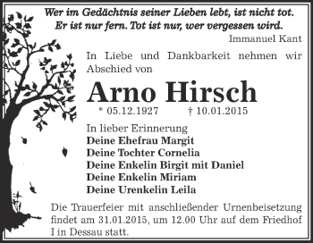 Traueranzeige von Arno Hirsch von WVG - Wochenspiegel Dessau / Köthen