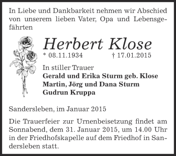 Traueranzeige von Herbert Klose von Super Sonntag SGH Mansf. Land