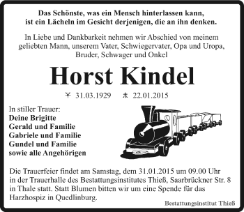 Traueranzeige von Horst Kindel von Mitteldeutsche Zeitung Quedlinburg