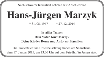 Traueranzeige von Hans-Jürgen Marzyk von WVG - Wochenspiegel Wittenberg