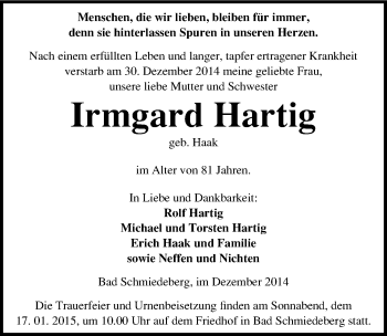 Traueranzeige von Irmgard Hartig von Mitteldeutsche Zeitung Wittenberg