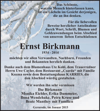 Traueranzeige von Ernst Birkmann von WVG - Wochenspiegel Quedlinburg