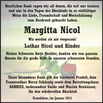 Traueranzeige von Margitta Nicol von WVG - Wochenspiegel Quedlinburg