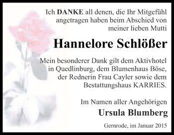 Traueranzeige von Hannelore Schlößer von Super Sonntag Quedlinburg