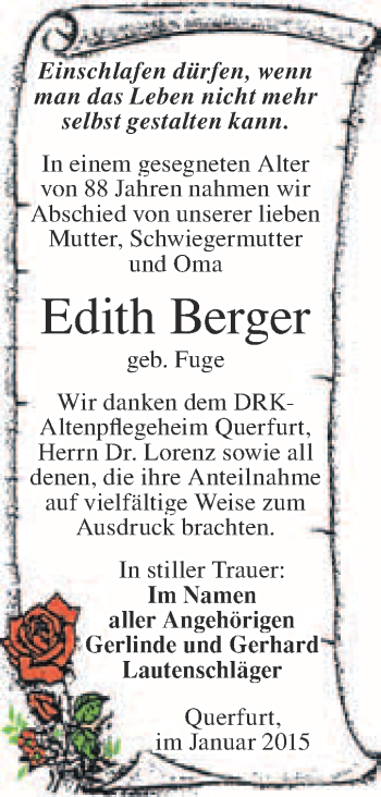Traueranzeige von Edith Berger von WVG - Wochenspiegel Merseburg
