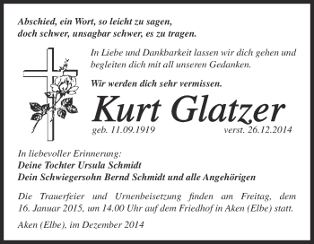 Traueranzeige von Kurt Glatter von WVG - Wochenspiegel Dessau / Köthen
