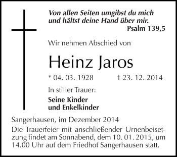 Traueranzeige von Heinz Jaros von Super Sonntag SGH Mansf. Land