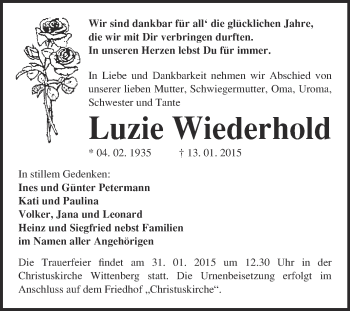 Traueranzeige von Luzie Wiederhold von Super Sonntag Wittenberg