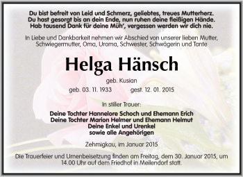 Traueranzeige von Helga Hänsch von WVG - Wochenspiegel Dessau / Köthen