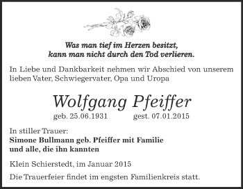 Traueranzeige von Wolfgang Pfeiffer von Super Sonntag Aschersleben