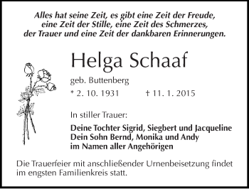 Traueranzeige von Helga Schaaf von Mitteldeutsche Zeitung Halle/Saalkreis