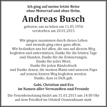 Traueranzeige von Andreas Busch von Super Sonntag Wittenberg
