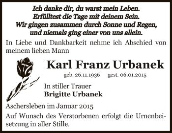 Traueranzeige von Karl Franz Urbanek von Super Sonntag Aschersleben