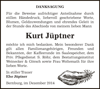 Traueranzeige von Kurt Jüptner von Super Sonntag Bernburg