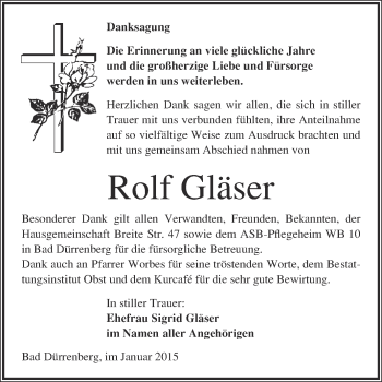 Traueranzeige von Rolf Gläser von Super Sonntag Merseburg