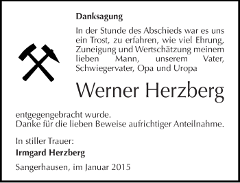 Traueranzeige von Werner Herzberg von Mitteldeutsche Zeitung Sangerhausen