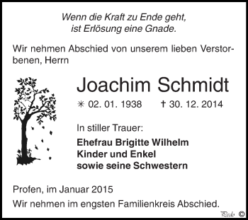 Traueranzeige von Joachim Schmidt von WVG - Wochenspiegel NMB / WSF / ZTZ