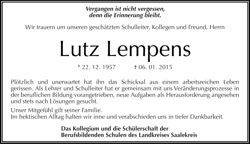  Traueranzeige für Lutz Lempens vom 17.01.2015 aus Mitteldeutsche Zeitung Merseburg/Querfurt