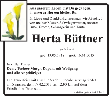 Traueranzeige von Herta Büttner von Super Sonntag Quedlinburg