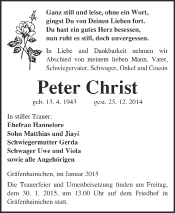 Traueranzeige von Peter Christ von WVG - Wochenspiegel Wittenberg